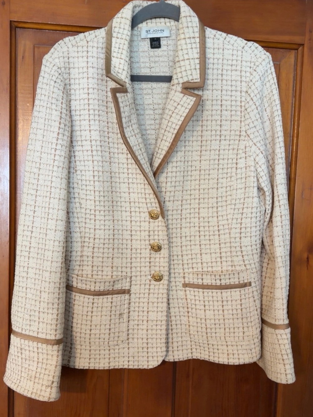 St. John Cream Tweed Blazer with Tan Trim and Gold Buttons